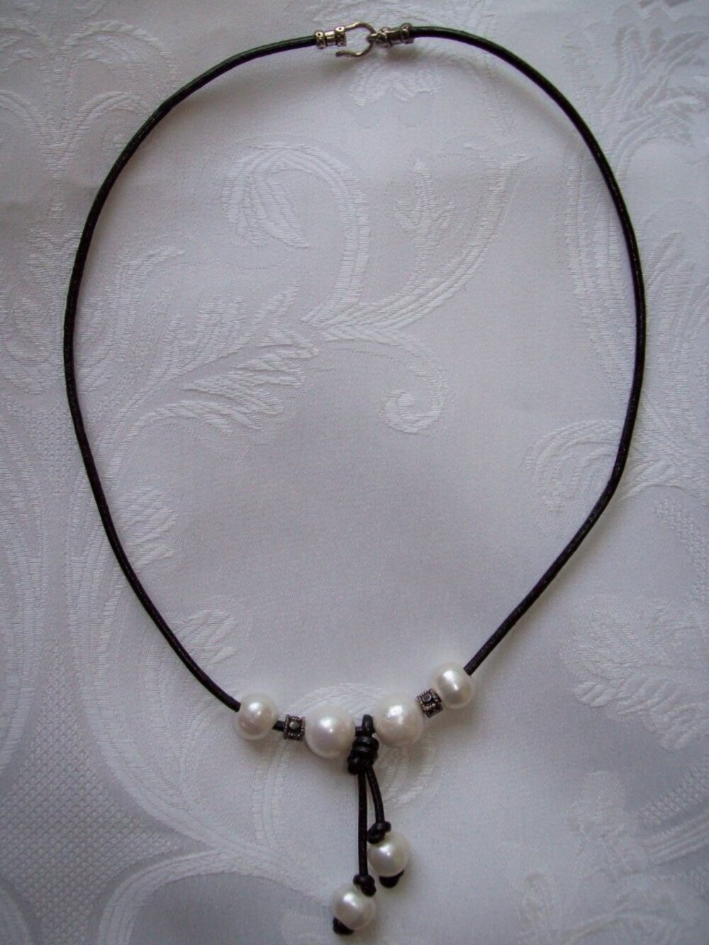Cascading Pearls and Sterling Silver Leather Necklace - Picture 3 of 3